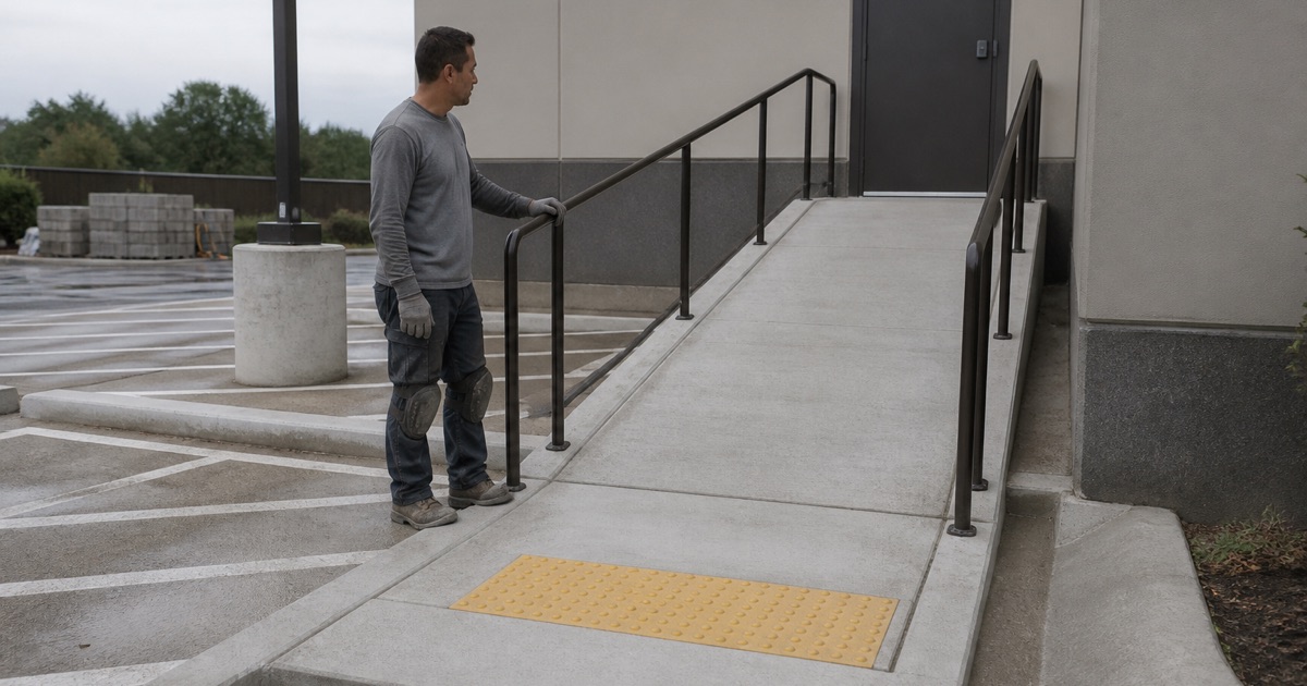 A broom finished accessible concrete ramp in Killeen with two landings, a detectable warning panel and handrail posts sleeved through the slab.