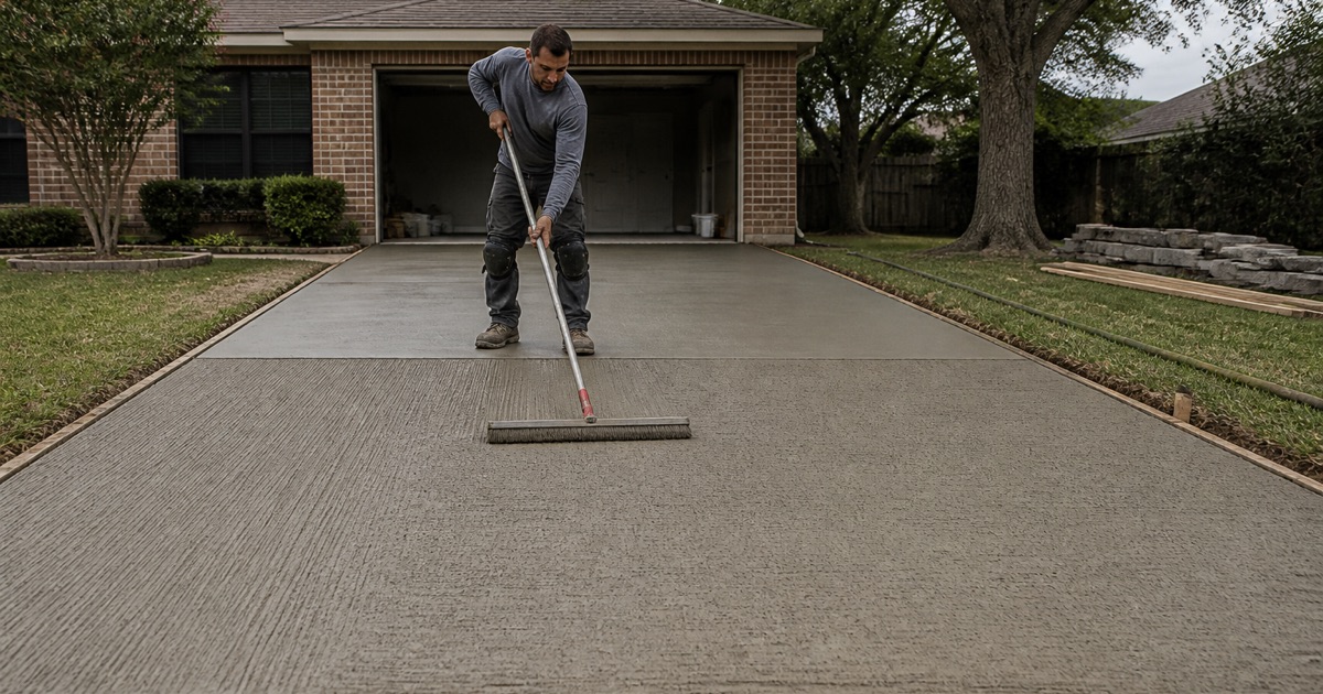 A new broom finish concrete driveway in Killeen running from the garage slab to the curb, a worker drawing the broom across the green slab.