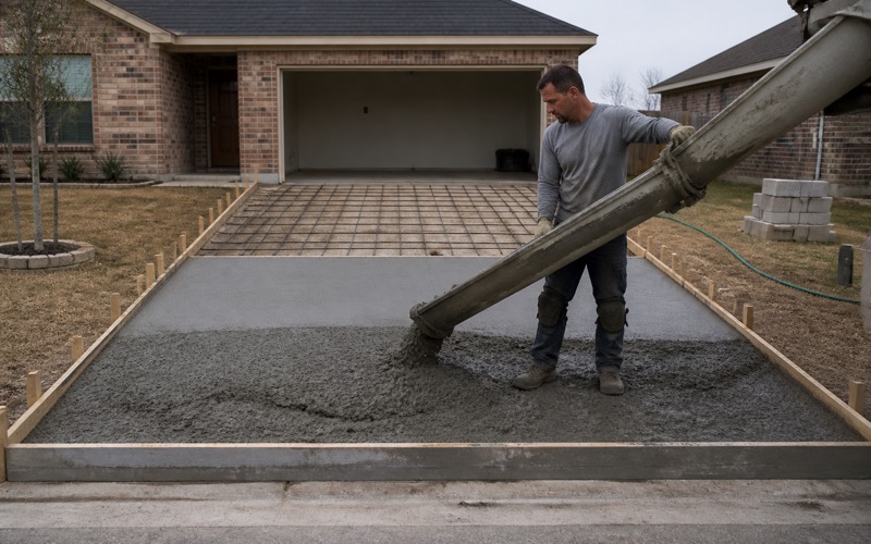 A driveway pour in Killeen with ready mix discharging down the chute into formed bays, rebar on chairs over base on the far half.