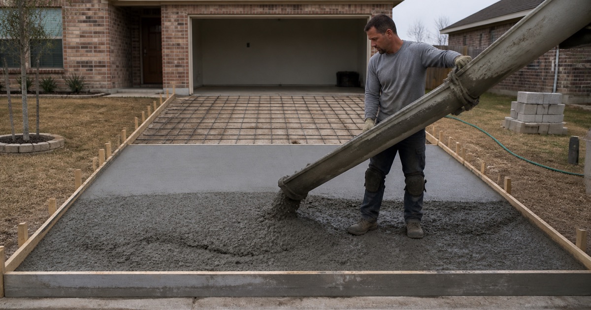 A driveway pour in Killeen with ready mix discharging down the chute into formed bays, rebar on chairs over base on the far half.