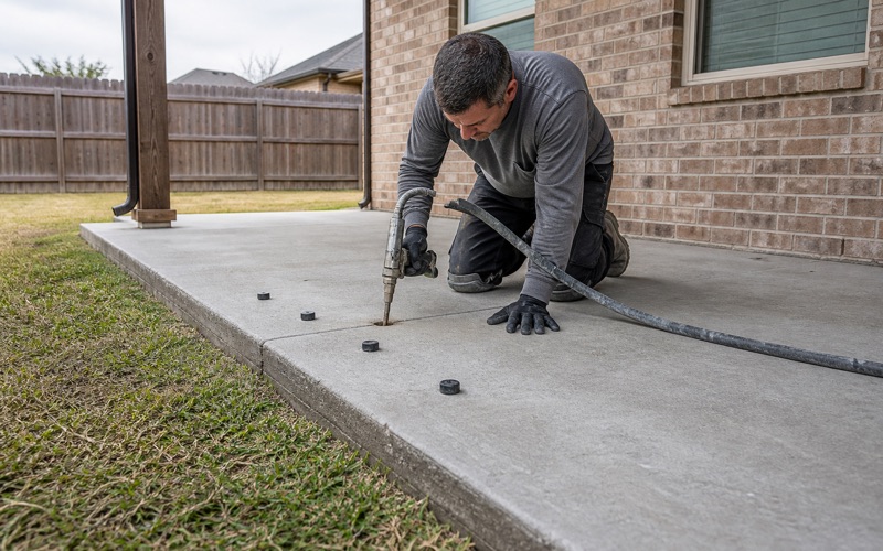 Foam injection under a settled patio in Killeen, drilled ports across the low panel and a visible step at the control joint.