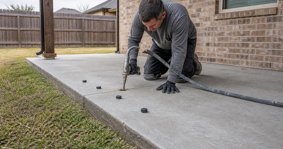 Foam injection under a settled patio in Killeen, drilled ports across the low panel and a visible step at the control joint.