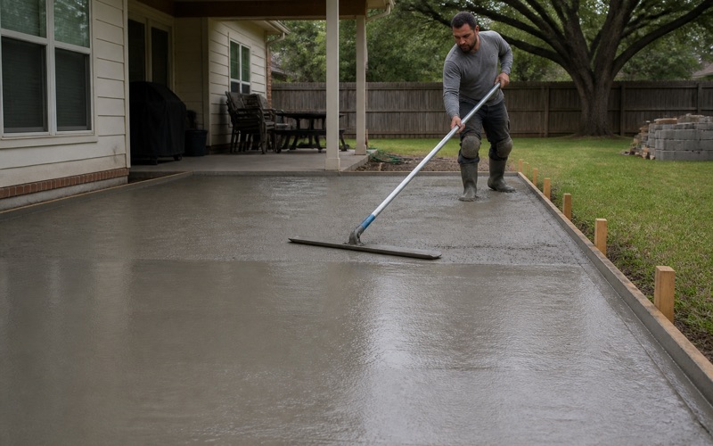 A wet concrete patio slab in Killeen being bull floated smooth, the floated half meeting the screeded half across the middle of the pour.