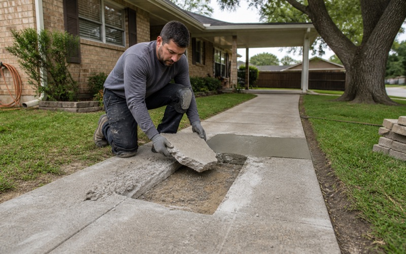 A spalled walkway panel in Killeen chased out into a square channel with repair mortar packed and struck level in the far half.