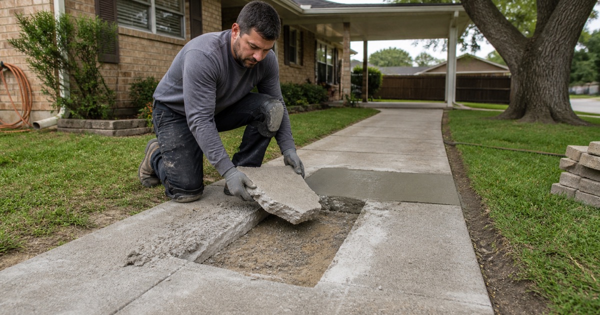 A spalled walkway panel in Killeen chased out into a square channel with repair mortar packed and struck level in the far half.
