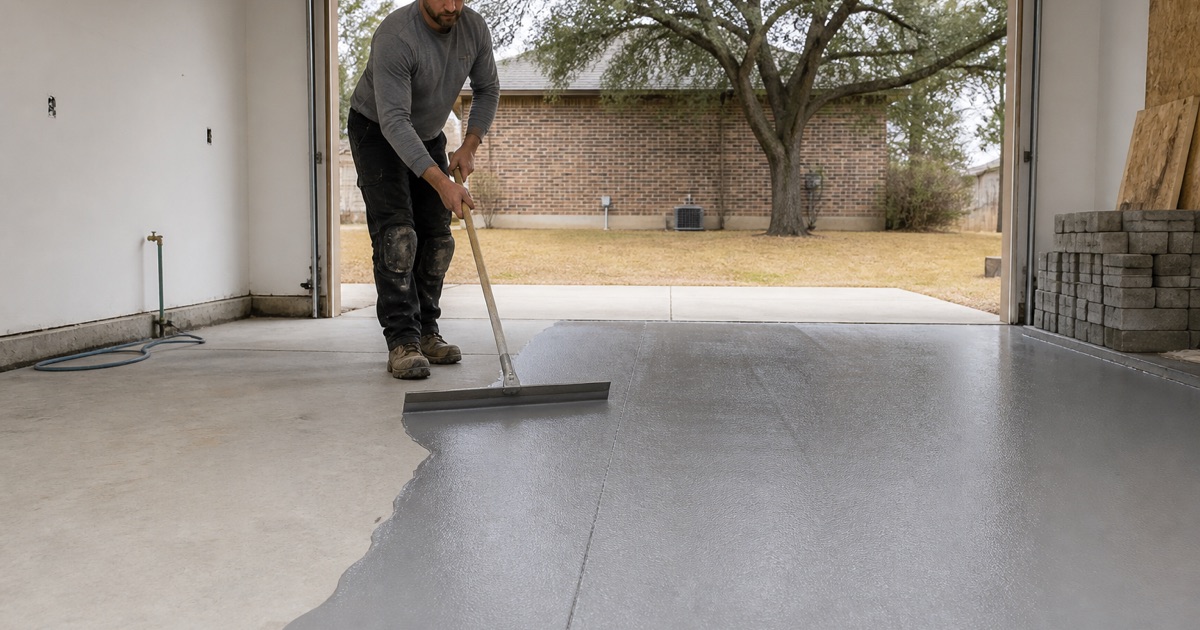 A gray polymer overlay being squeegeed across a ground and prepared garage slab in Killeen, with the working edge across the middle.