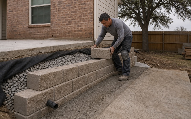 A block retaining wall in Killeen going up course by course on a compacted base, with drainage stone and a perforated outlet pipe behind it.