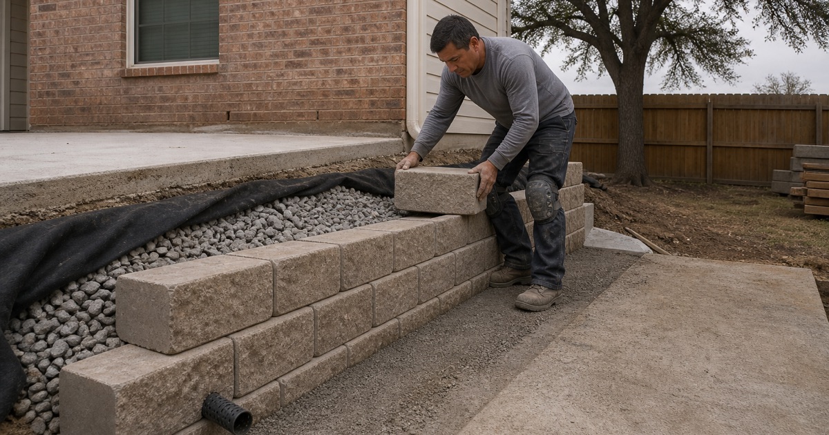 A block retaining wall in Killeen going up course by course on a compacted base, with drainage stone and a perforated outlet pipe behind it.