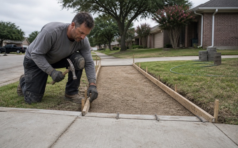 A new city sidewalk in Killeen formed over compacted base, meeting existing walk at a doweled construction joint inside the right of way.