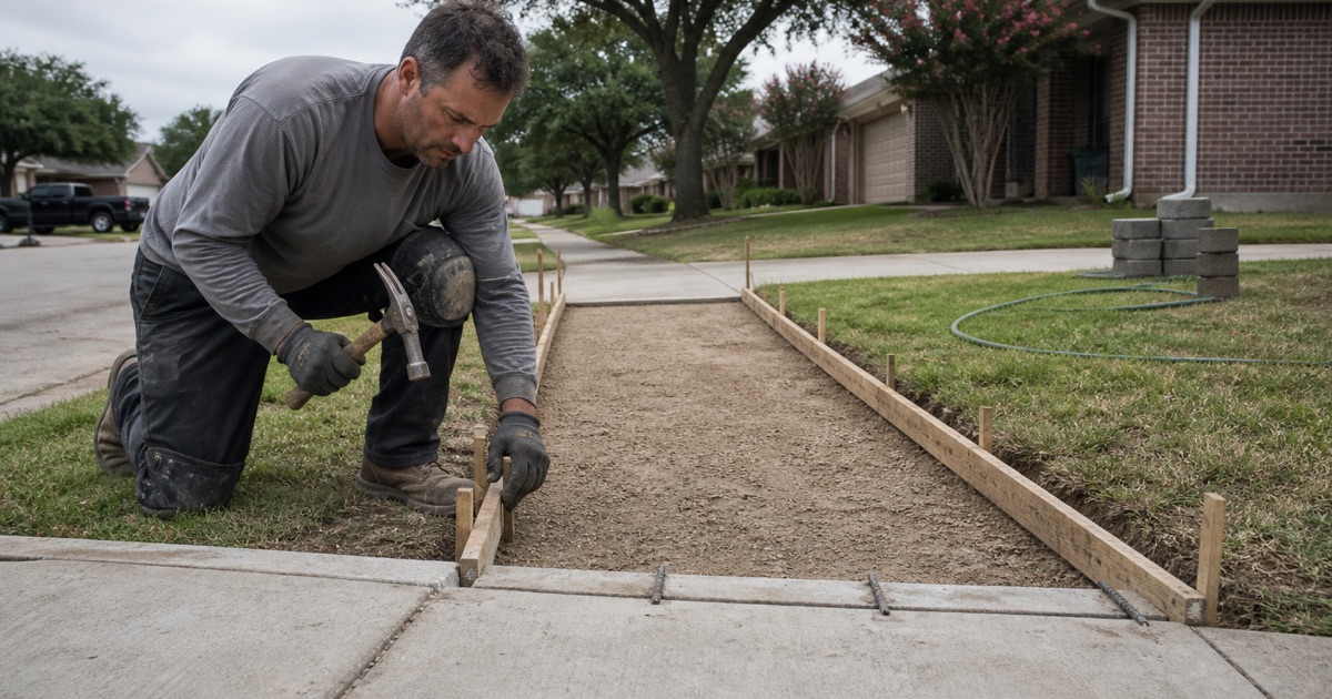 A new city sidewalk in Killeen formed over compacted base, meeting existing walk at a doweled construction joint inside the right of way.