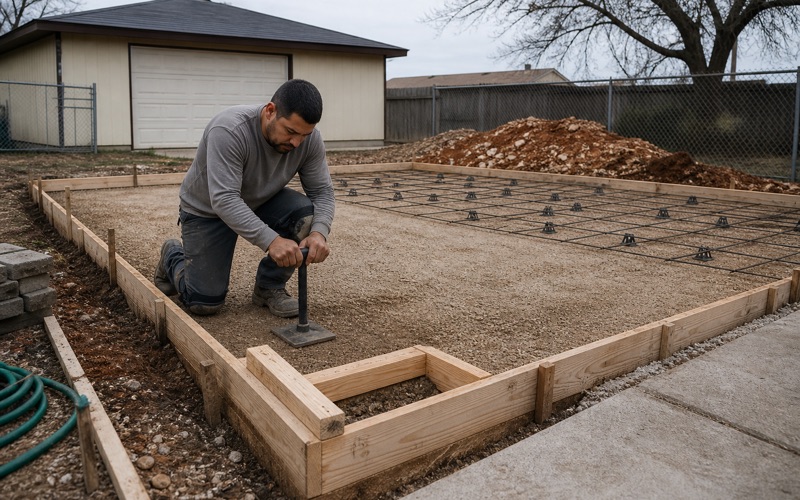 A formed shed pad in Killeen with compacted base, a thickened edge trench and rebar on chairs, a worker tamping inside the deepened section.