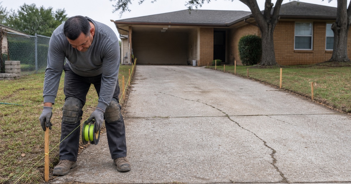 A worker running a string line along an old cracked driveway in Killeen to set the line for a replacement, grade stakes down both sides.
