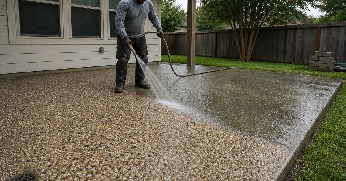 An exposed aggregate patio in Killeen being washed back to reveal tan and gray river stone, a worker sweeping the hose fan across the green slab.