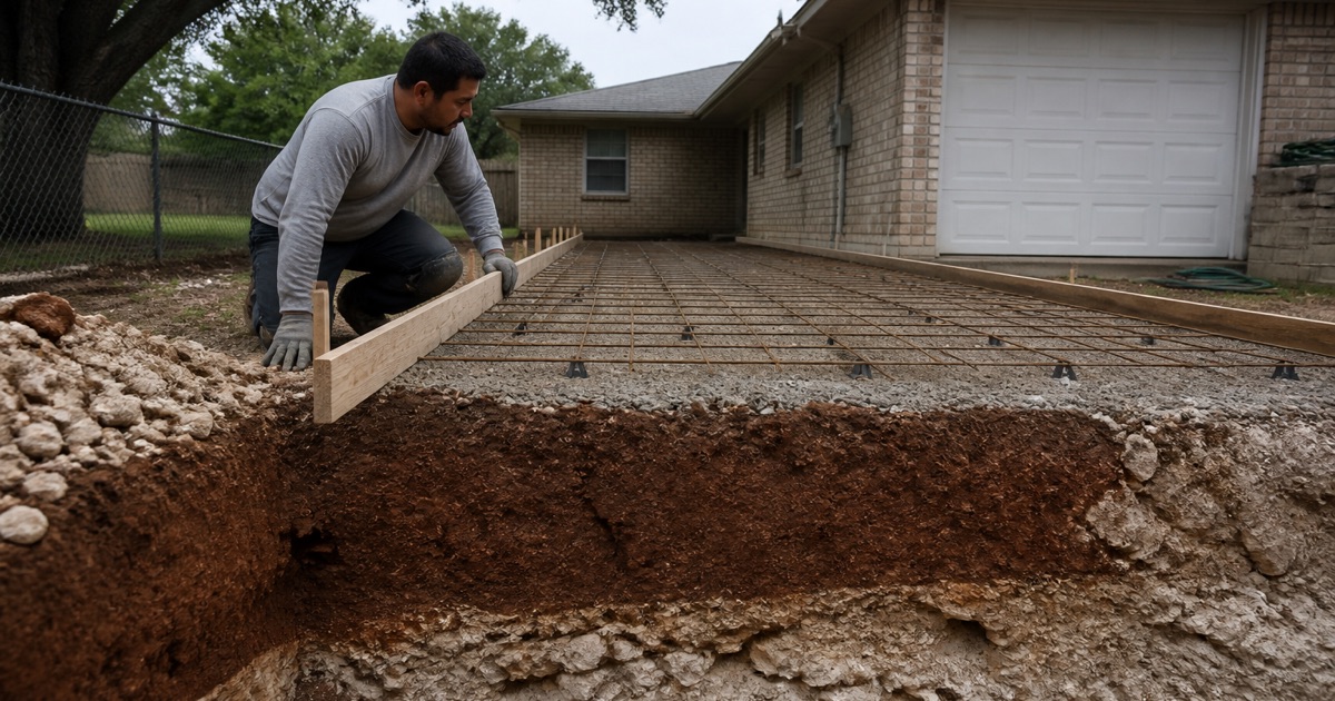 An excavation in Killeen showing clay bottoming out on pale limestone, with base course, rebar and forms set for a new slab.