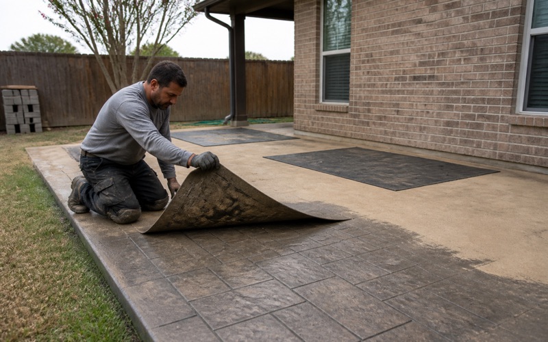A stamp mat being peeled back off a green stamped concrete patio in Killeen, revealing an ashlar slate pattern under tan release.