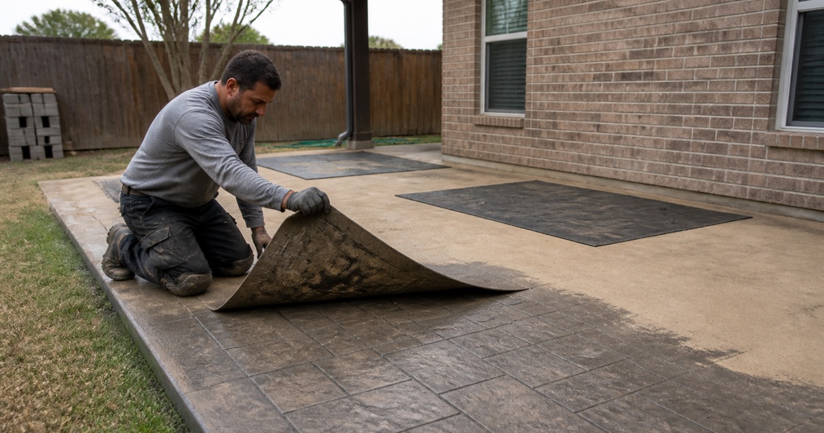 A stamp mat being peeled back off a green stamped concrete patio in Killeen, revealing an ashlar slate pattern under tan release.