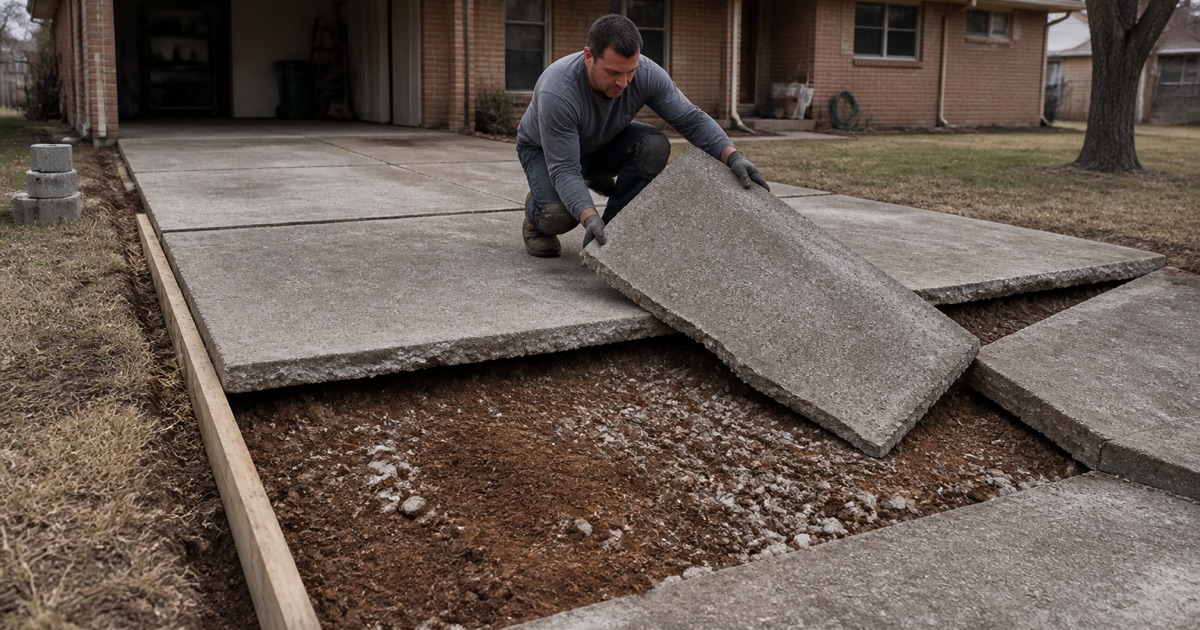 A cracked and settled driveway in Killeen part way through removal, showing the four inch slab edge and the clay and limestone subgrade underneath.